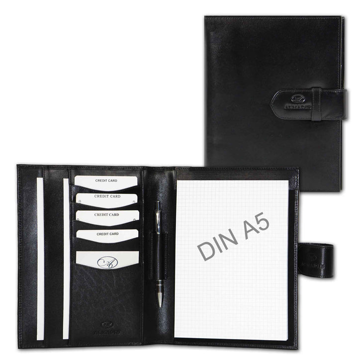 ALMADIH Leder A5 Schreibmappe mit Schreibblock Premium Rindsleder Schwarz Onyx Ledermappe Mappe Doku
