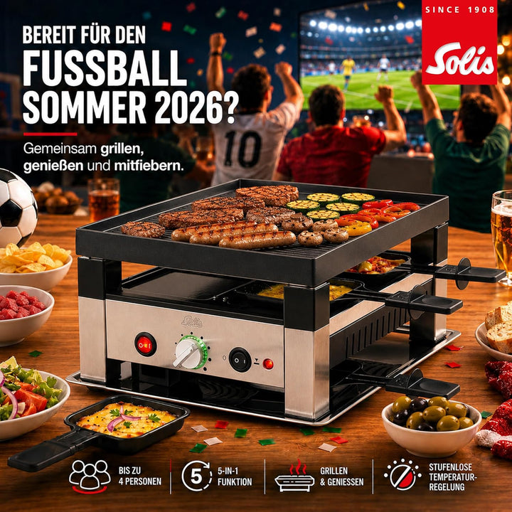 Solis Tischgrill 5 in 1 Table Grill for 4 7910 - Raclette + Grill + Wok + Pizza Grill + Crêpes - Rac