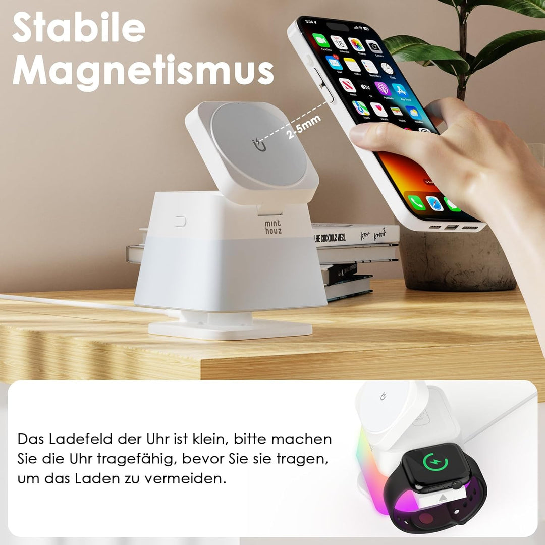 Minthouz 3-in-1 MagSafe Ladestation mit Nachtlicht, Induktive Ladestation für Apple Watch und iPhone
