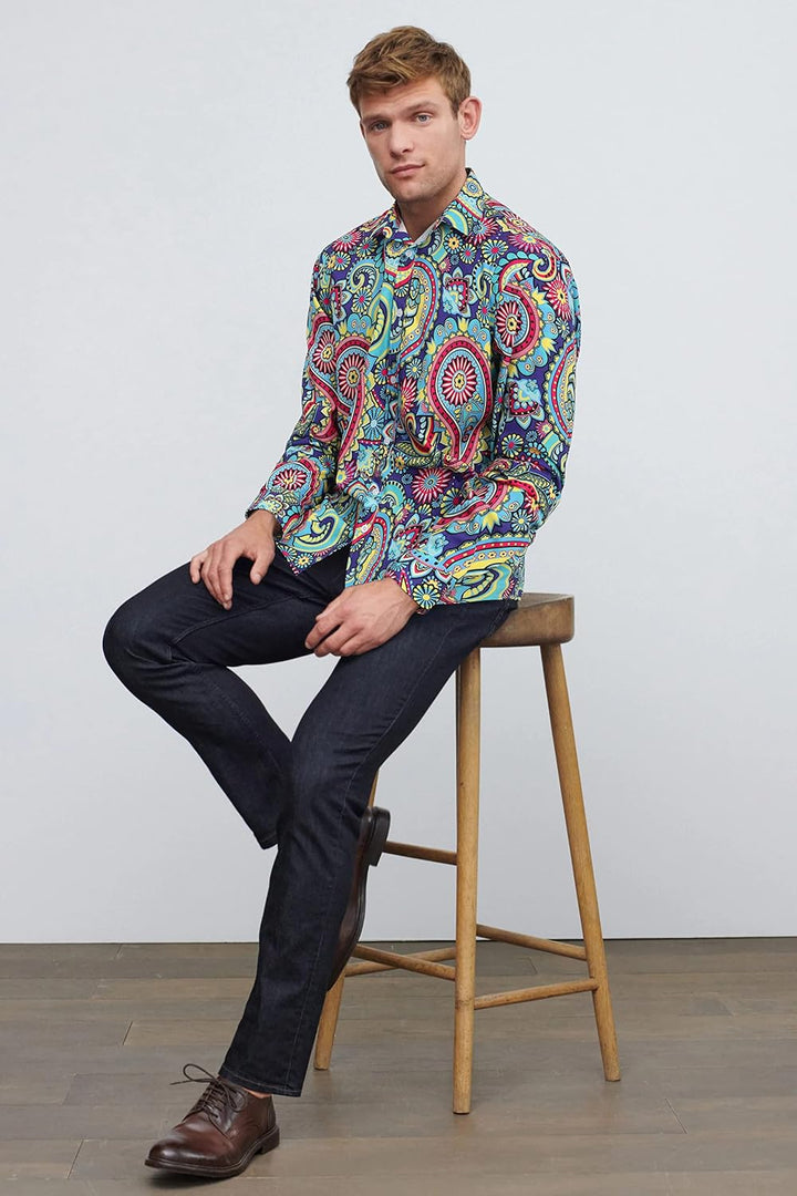 HISDERN Herren Paisley Hemd Langarm Satin Blumen Muster Hemd für Männer Jacquard Stickerei Freizeith