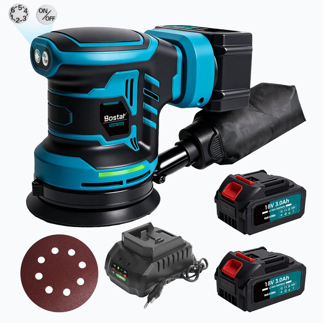 Bostar Akku Exzenterschleifer 18V Set Bürstenlos, Ø 125mm Schleifmaschine mit 2x 3.0Ah Akkus (BMS),