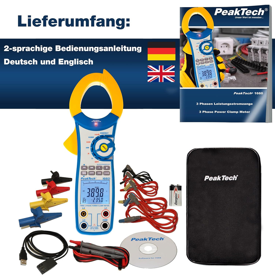 PeakTech P 1660 3-Phasen Stromzange / Digital-Leistungsstromzange 1000 A mit USB max. 750 kW / Energ