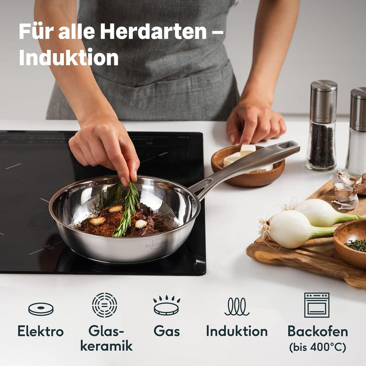 SILBERTHAL Edelstahl Pfanne Unbeschichtet - Induktion - Profi Bratpfanne 20cm - Röstaromen - Ofenfes