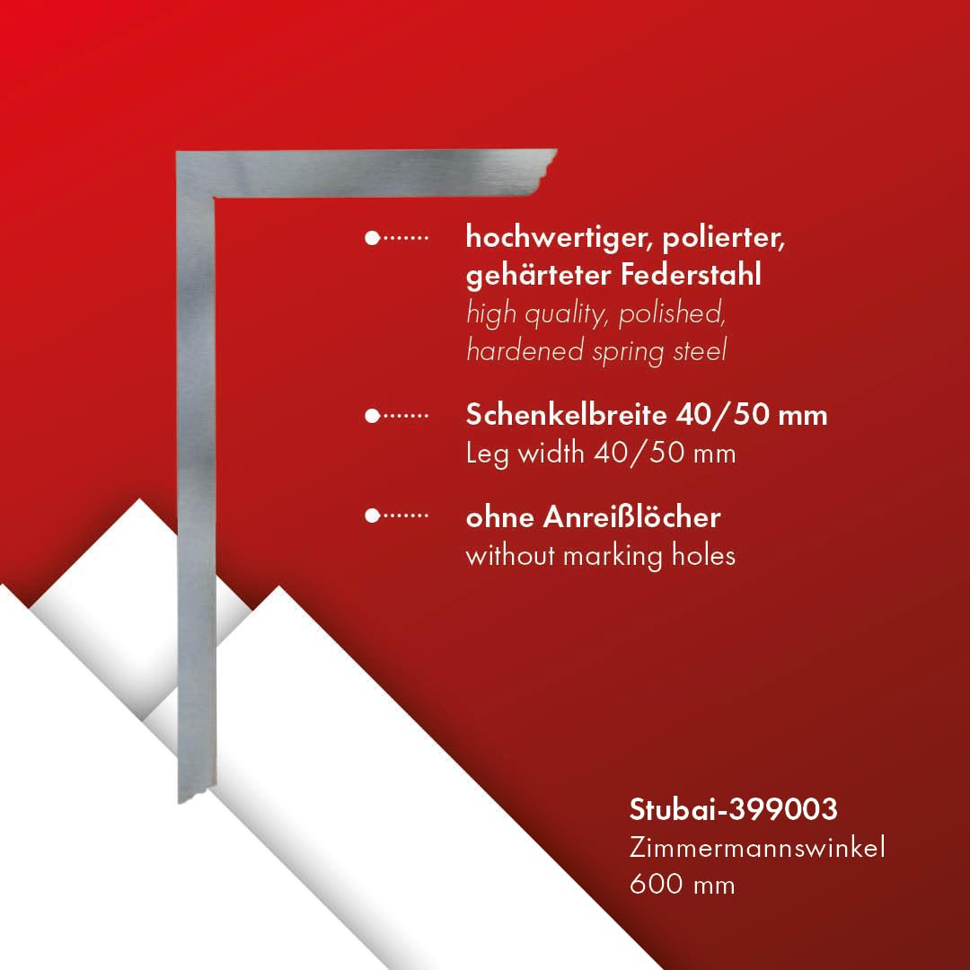 STUBAI Zimmermannswinkel 600 mm | geschweisst, ohne Anreisslöcher | Profi Schreinerwinkel für präzis