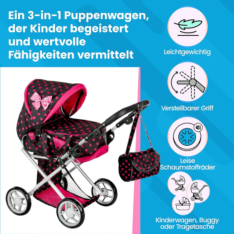 Kinderplay Puppenwagen ab 1 2 3 Jahre Kinderwagen Spielzeug - 3 in 1, Puppenwagen mit Herausnehmbare