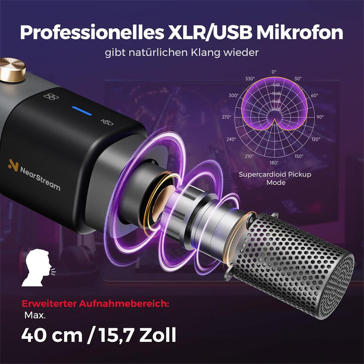 NearStream AM20X USB/XLR Podcast Mikrofon Set mit Boom Arm, EIN-TIPP Stummschaltung & Rauschunterdrü