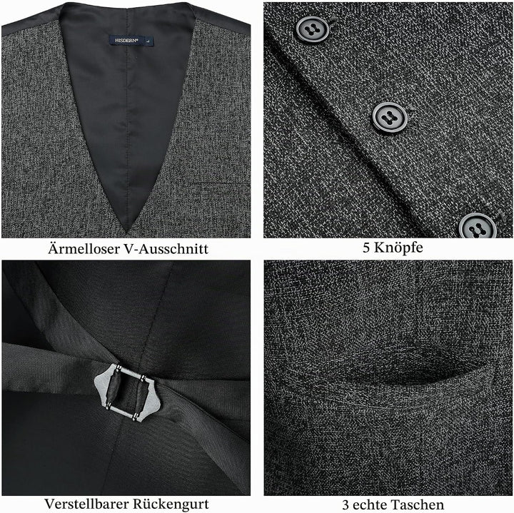 HISDERN Herren Anzugweste Formale Hochzeit Klassische Retro Baumwolle V-Ausschnitt Einfarbige Elegan