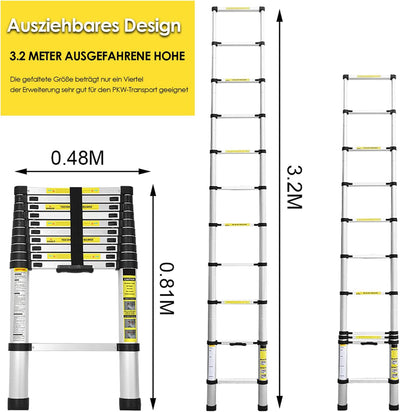 Ansobea 3.2M Klappleiter Teleskopleiter für treppe Rutschfester Multifunktionsleiter Schiebeleiter A