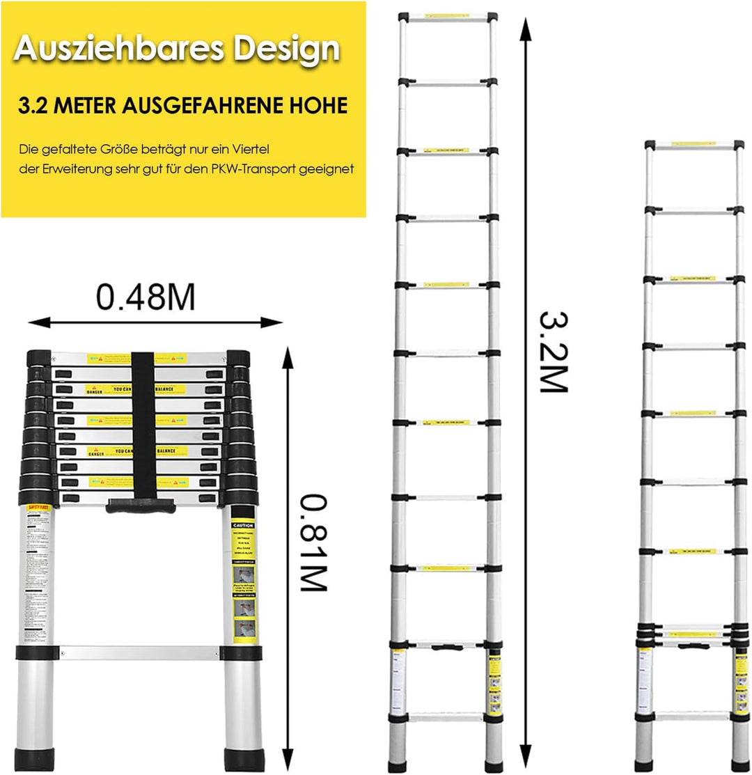 Fiqops 3.2M Aluminium Teleskopleiter, Ausziehbare Leiter 150 kg Belastbarkeit, Rutschfester Aluleite