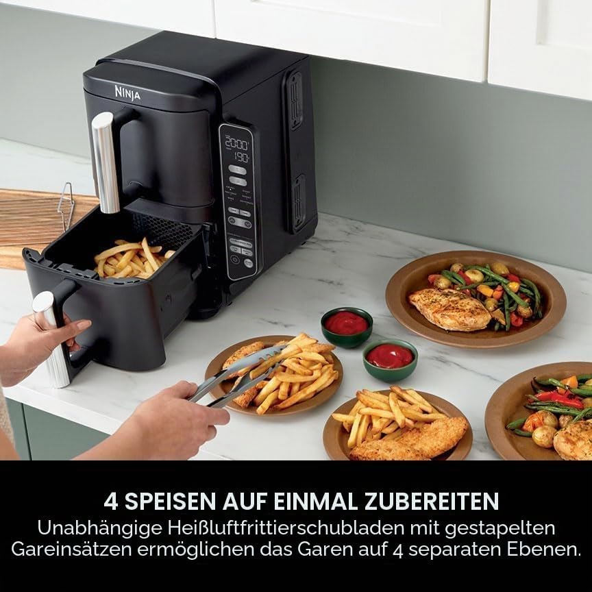 Ninja Doppelstapel-Luftfritteuse, vertikale Doppelschublade, Luftfritteuse mit 4 Kochstufen, 2 Schub