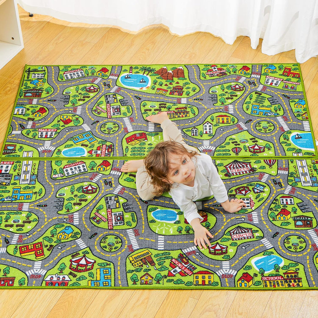 2 Teppich Kinderzimmer 80x150cm (Gesamt 160x150cm) für Kinder ab 3 Jahren, Spielteppich Strasse Kind
