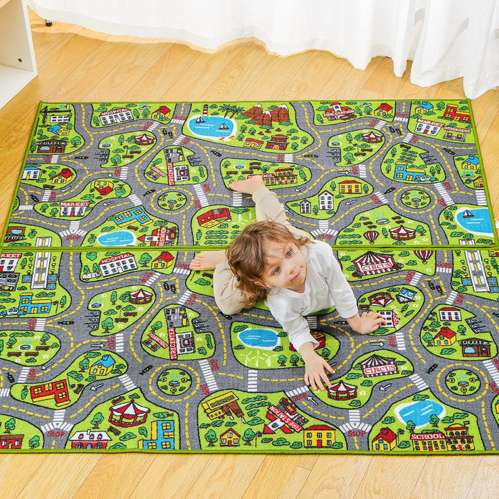 2 Teppich Kinderzimmer 80x150cm (Gesamt 160x150cm) für Kinder ab 3 Jahren, Spielteppich Strasse Kind