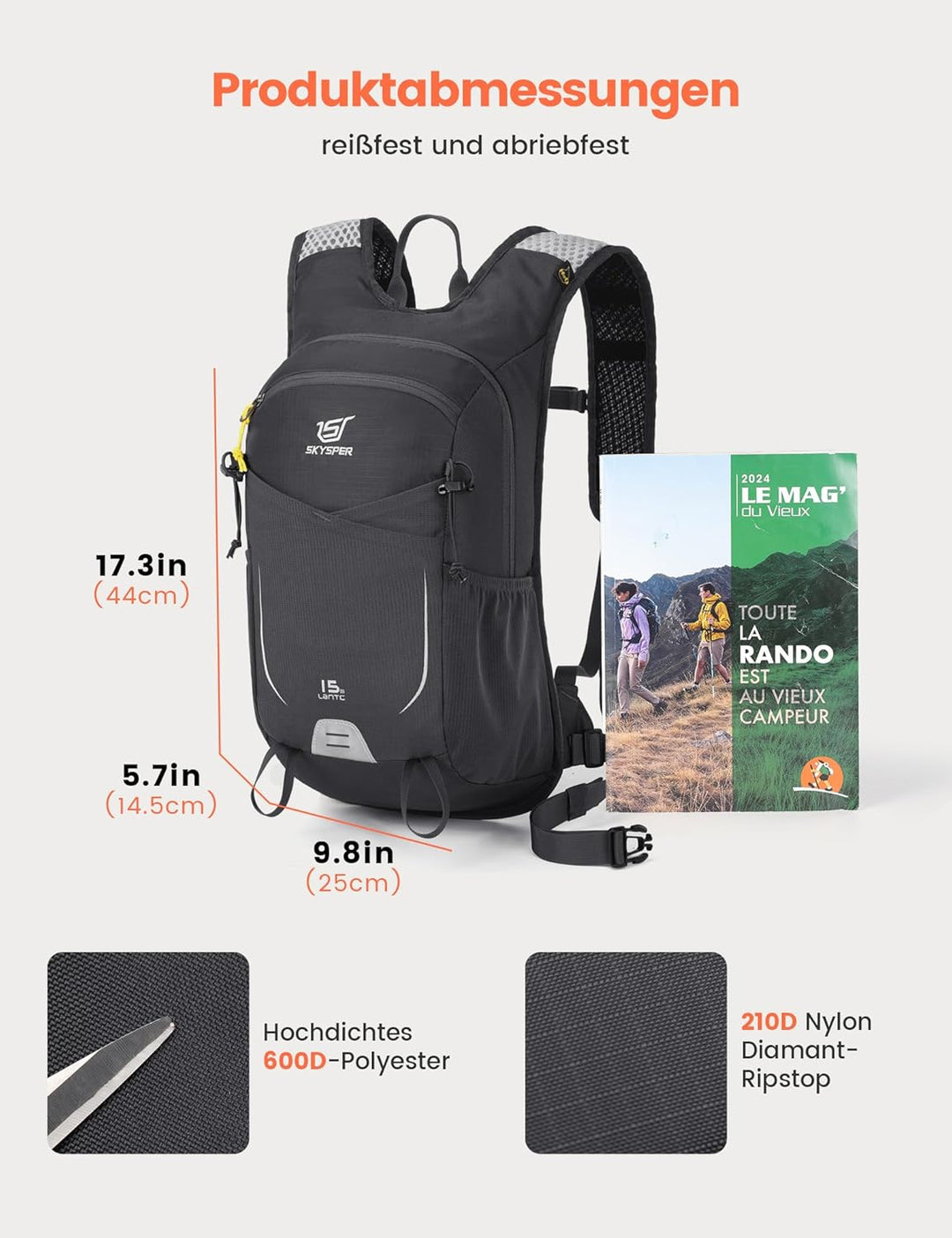 SKYSPER 15L Wanderrucksack für Herren und Damen klein Trekkingrucksack mit Netzrücken Atmungsaktiv f