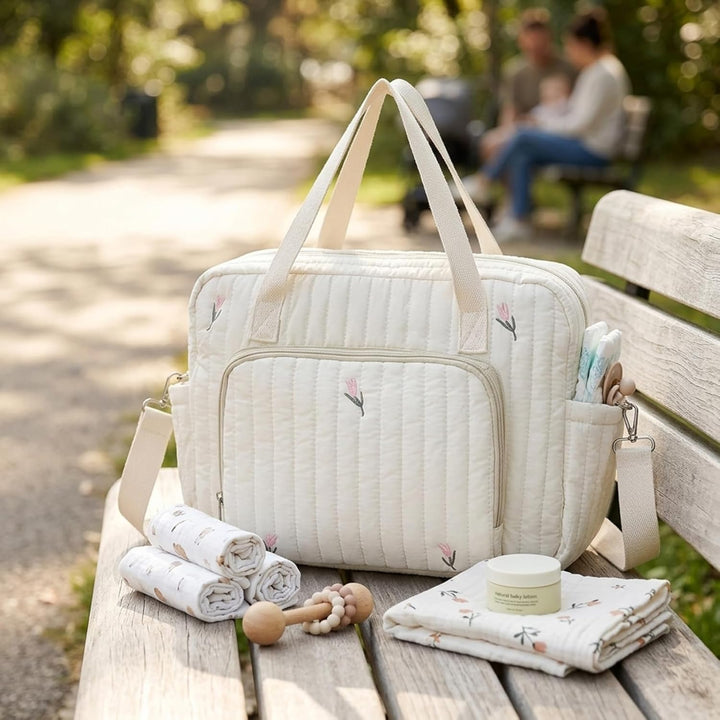 Wickeltasche für Mütter, stilvolle, gesteppte Wickeltasche mit Stickerei, tragbar, Reise mit verstel