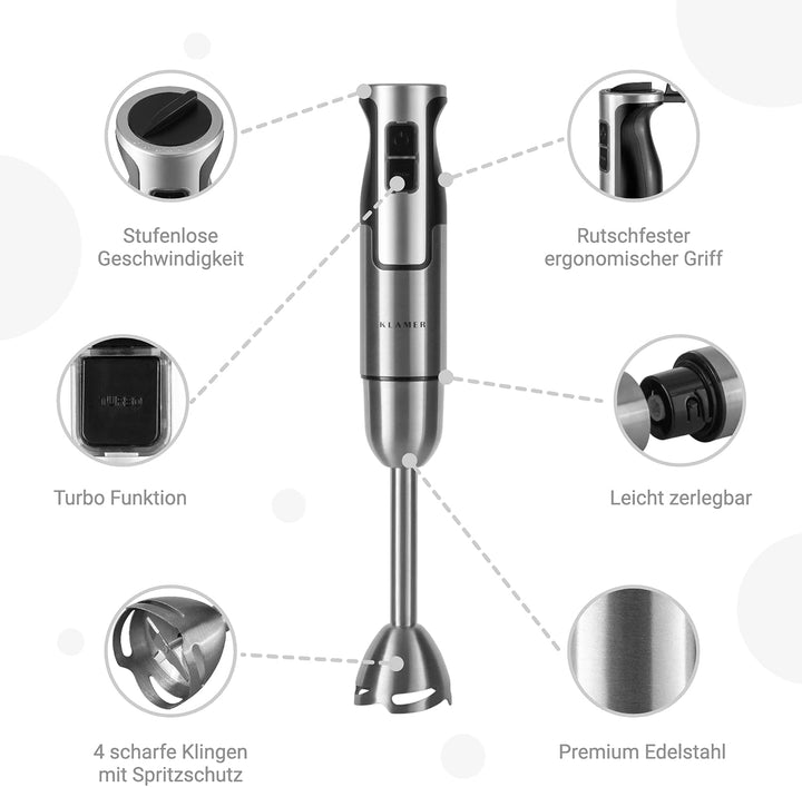 KLAMER Stabmixer Set 800 Watt (2023), 4 in 1 Pürierstab Edelstahl mit stufenloser Geschwindigkeit un