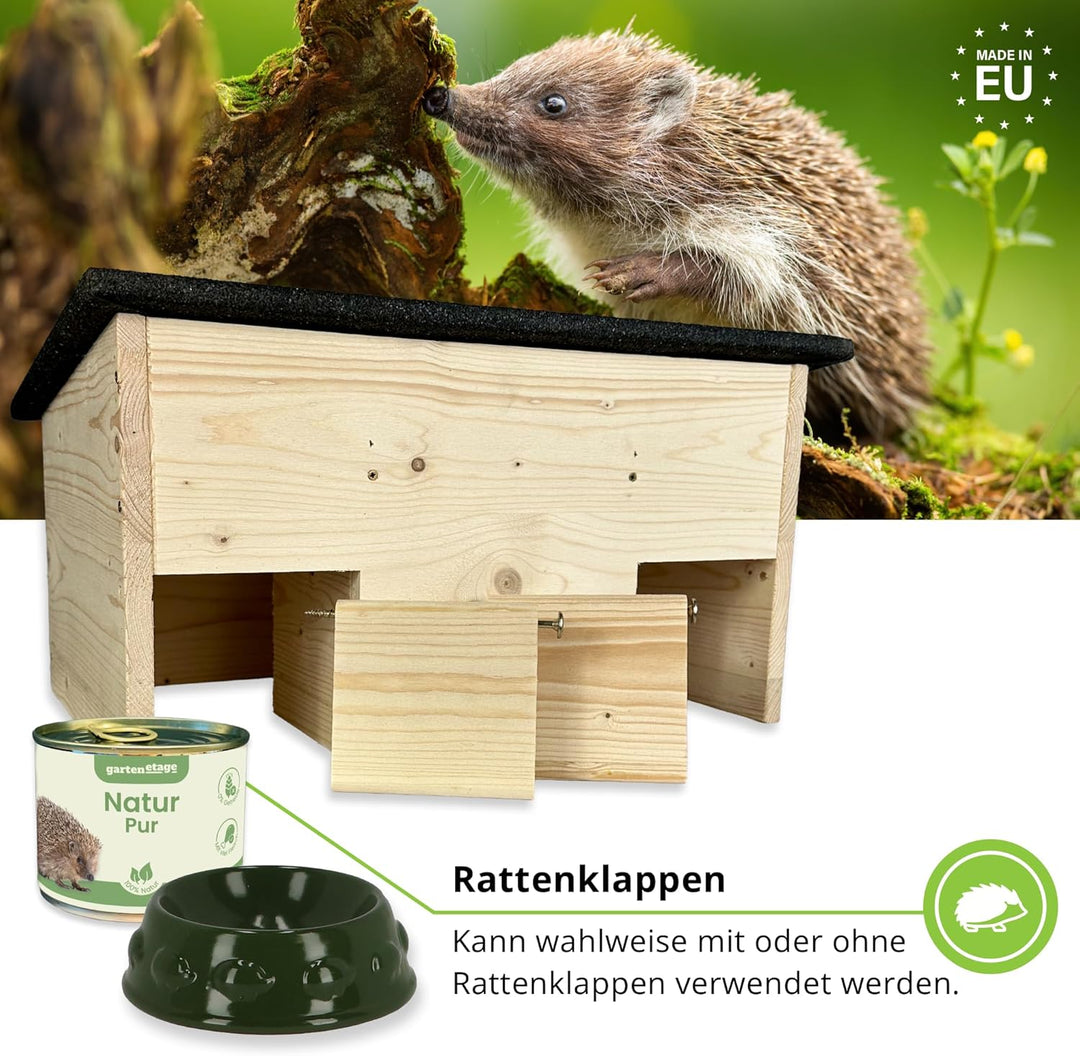 GARTENETAGE Igel-Starter-Set mit Igel Futterhaus und Rattenklappen inkl. Futterschale &amp; 5X Premium-I