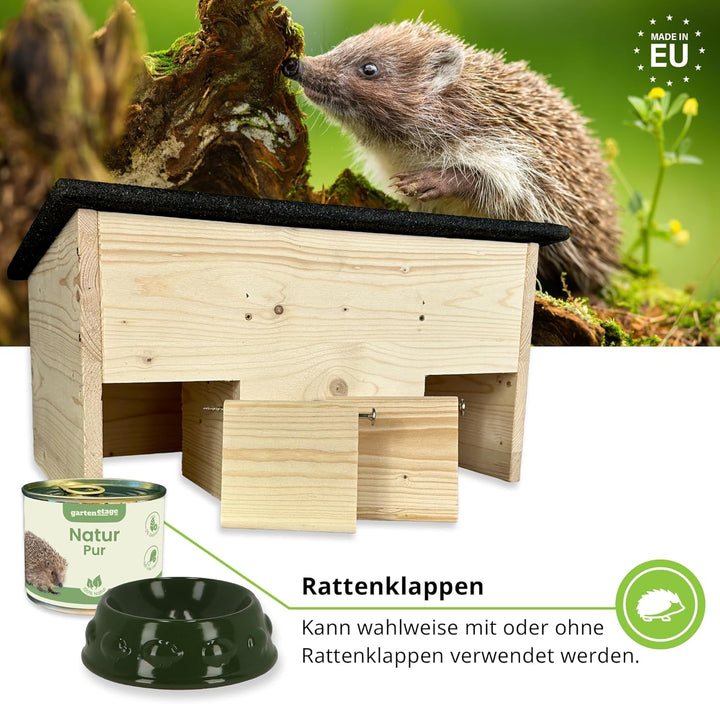 GARTENETAGE Igel-Starter-Set mit Igel Futterhaus und Rattenklappen inkl. Futterschale &amp; 5X Premium-I
