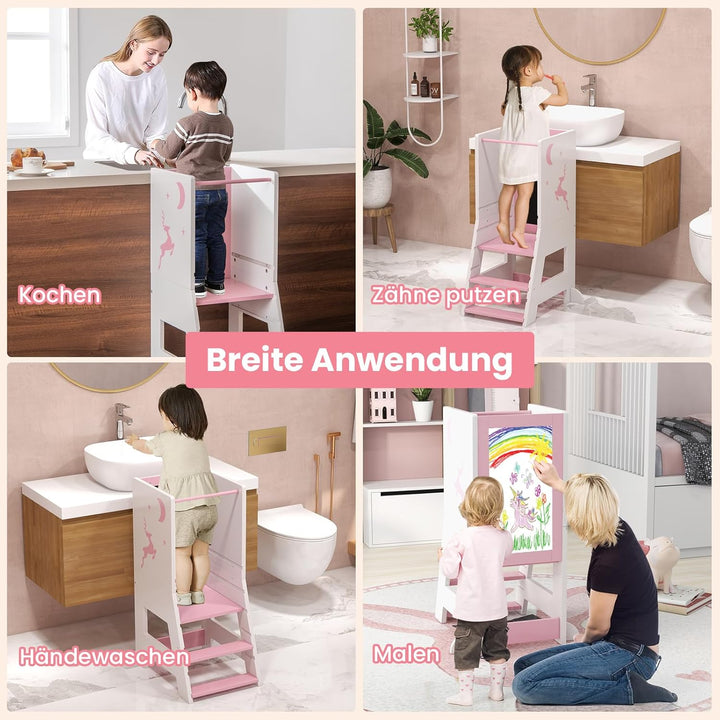 COSTWAY Lernturm kinder, 2 in 1 Tritthocker montessori mit 3 verstellbare Höhen & doppelseitiger Taf