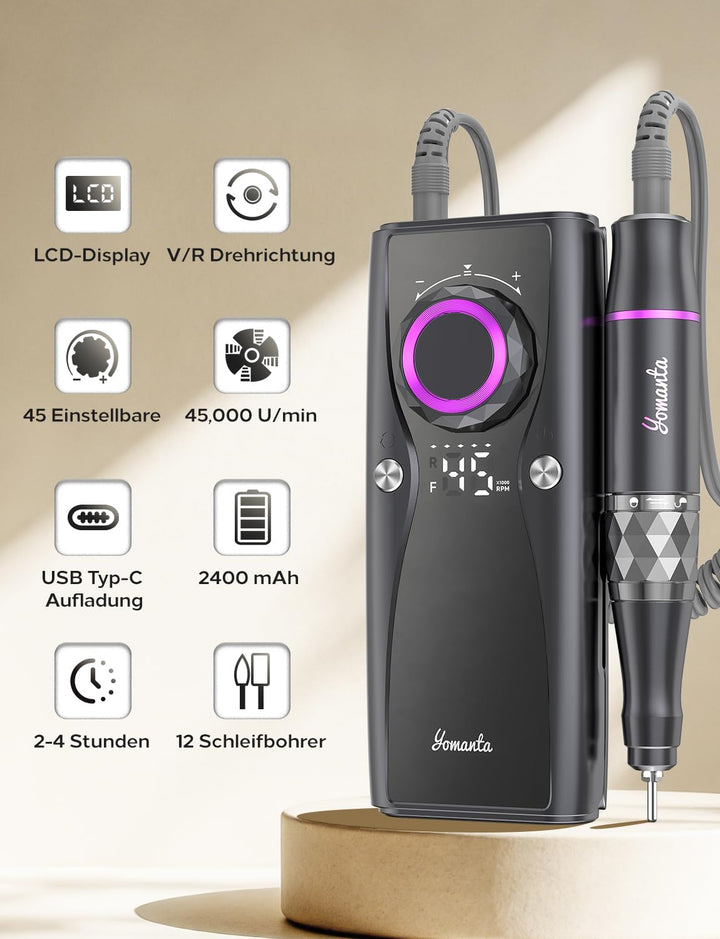 Nagelfräser Professionell set 45000 RPM Tragbare Elektrische Nagelfräser 10H+Batterielebensdauer Wie