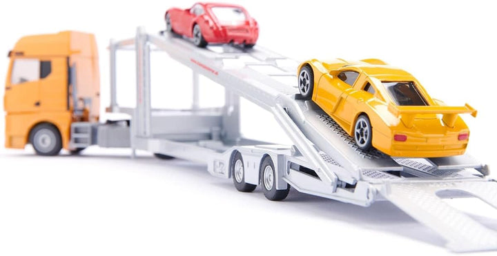 siku 3944, MAN Autotransporter, 1:50, Inkl. 2 Spielzeug-Autos, Metall/Kunststoff, Gelb/Silber, Abkop