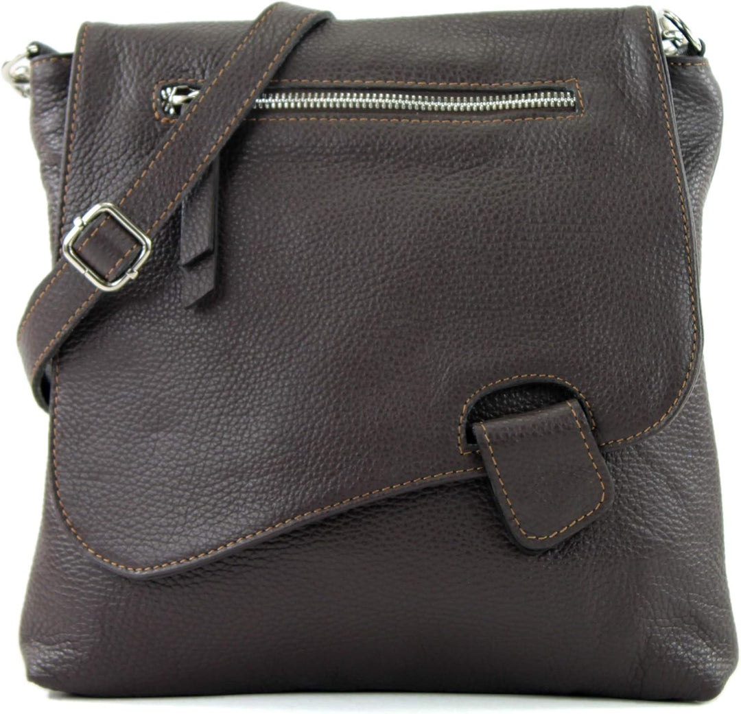 modamoda de - T146 - ital Messengertasche Umhängetasche aus Leder Dark Chocolate, Dark Chocolate