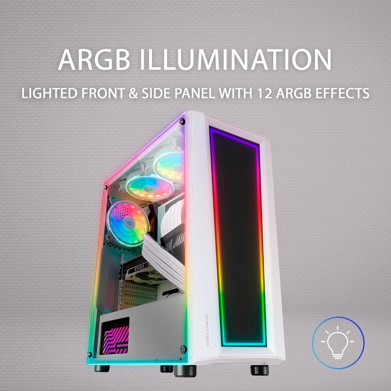 MarsGaming MC-Art Weiss, PC Gaming ATX Gehäuse, Doppelt Zeichnbar Gehärtetes Glas, ARGB 12 Mode, 12c