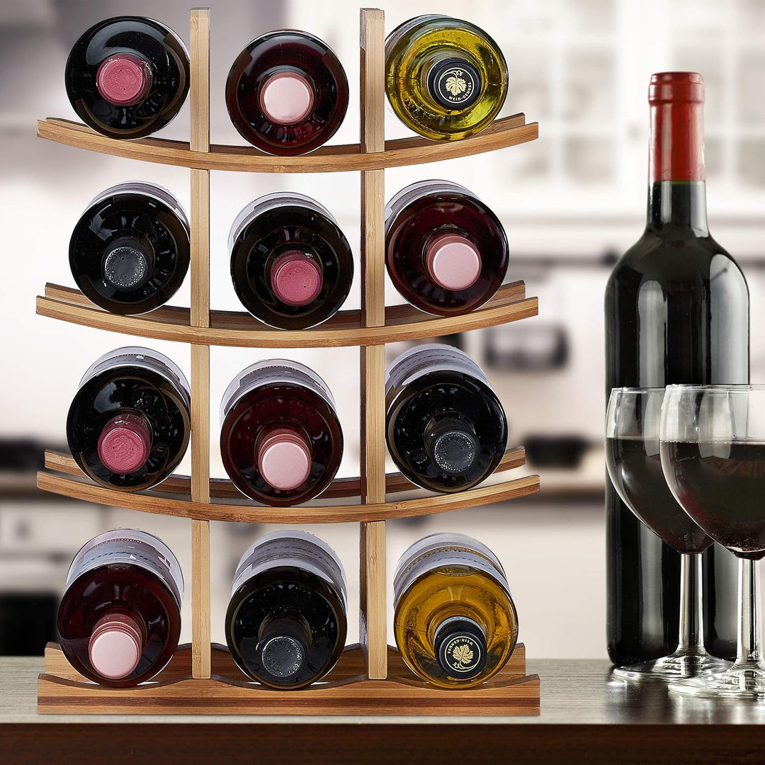 Relaxdays Weinregal Bambus, kleiner Weinständer für 12 Flaschen, 4 Ebenen, liegend, freistehend, HBT