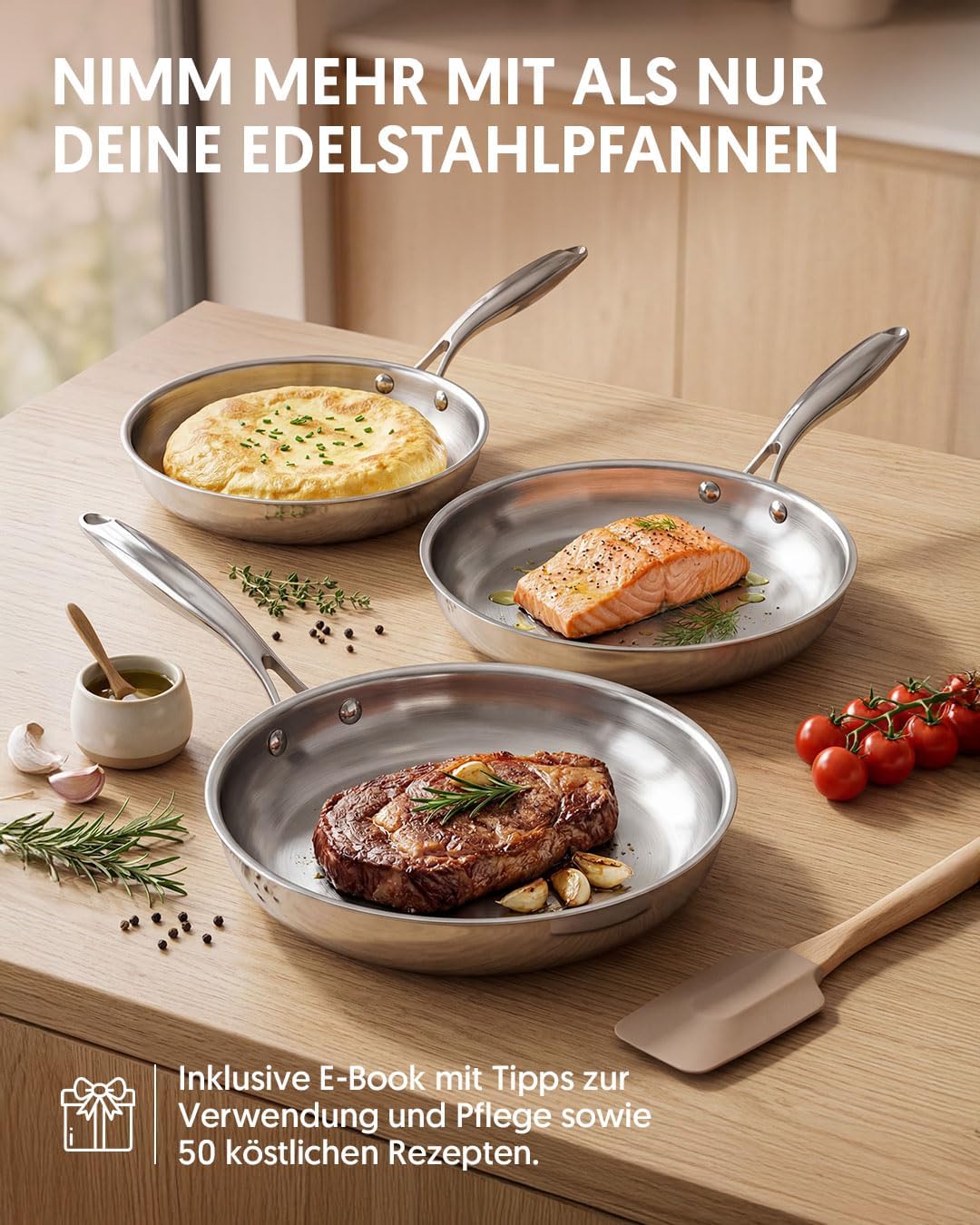 La Moustache - Pfannenset 3-teilig, aus Edelstahl ohne Beschichtung, 3 Bratpfannen, induktionsgeeign