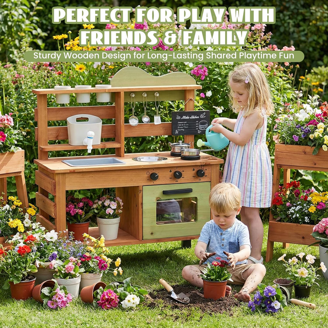 Outdoor Spielküche Gartenspielküche Matschküche Kinder Outdoor Mit Tafel, Wasserkocher, Spüle, Holzp