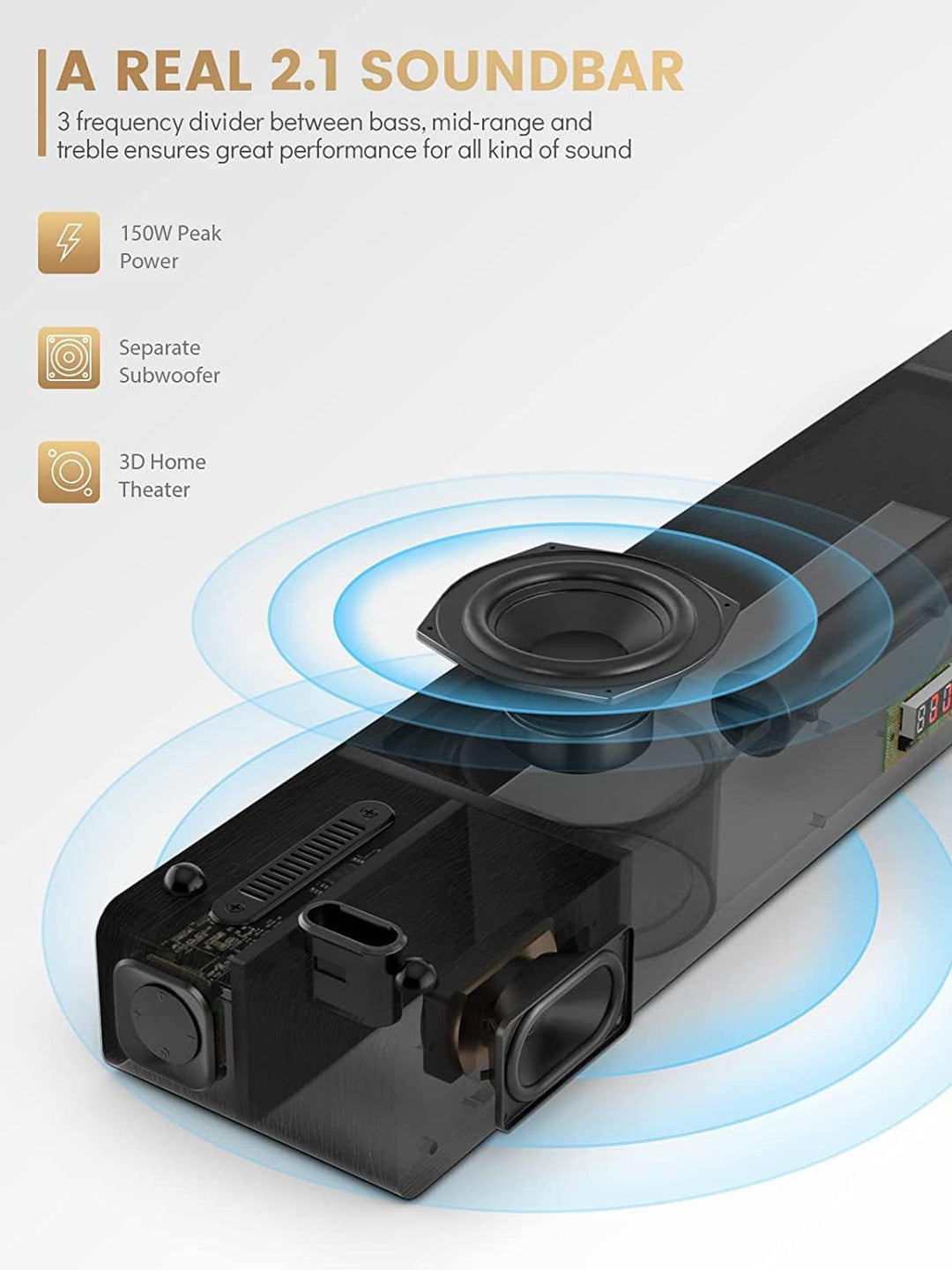 MEREDO Soundbar 2.1 Holz für TV Geräte 150W mit integriertem Subwoofer mit ARC Kable, Optisch, AUX,