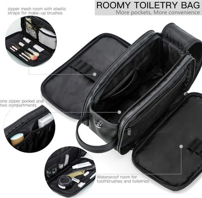 Elviros Kulturbeutel PU-Leder für Reise Herren, grosse wasserdichte Waschtasche Männer, Kulturtasche