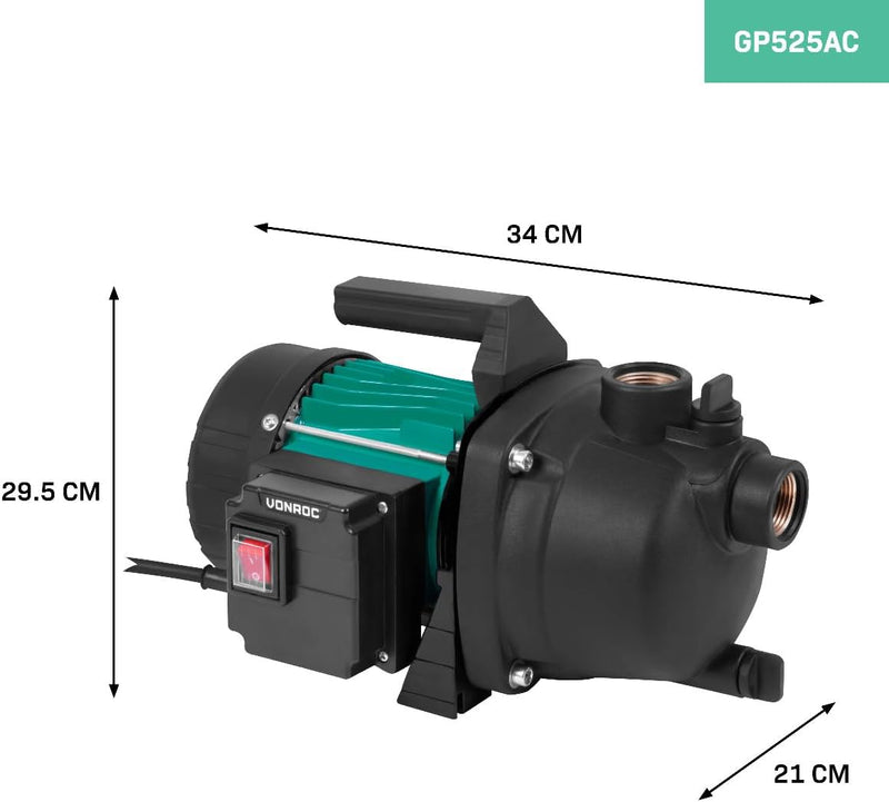 VONROC Gartenpumpe/Wasserpumpe - 800W - 3300l/h - Zur Bewässerung des Gartens/Rasens Exkl. Druckscha