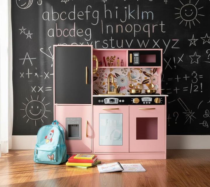 Leomark Kinderküche aus Holz Memo Rosa Spielküche mit goldenen Accessoires Holzküche für Kinder Spie