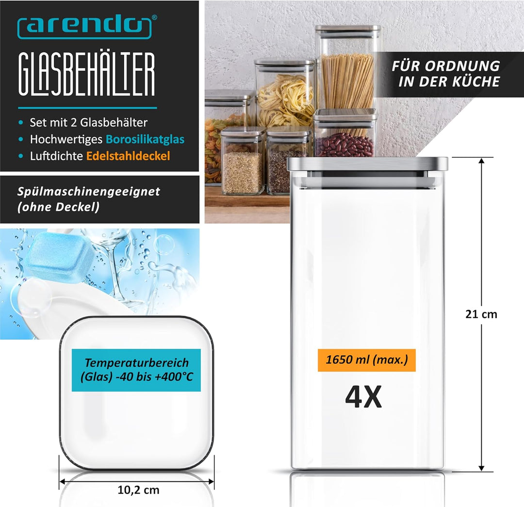 Arendo - Vorratsbehälter 1650ml mit Deckel Edelstahl - 4er Set - Behälter aus Glas – hitzebeständig