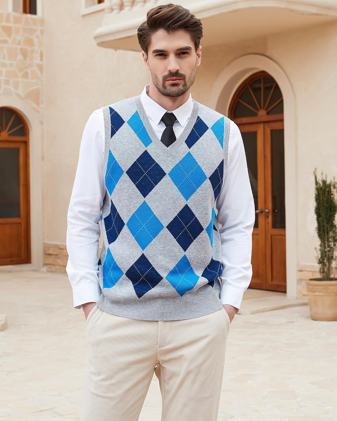 Kallspin Herren Argyle Gestrickt Ärmellos Pullover Wollmischung V-Ausschnitt Strickwesten L Hellgrau