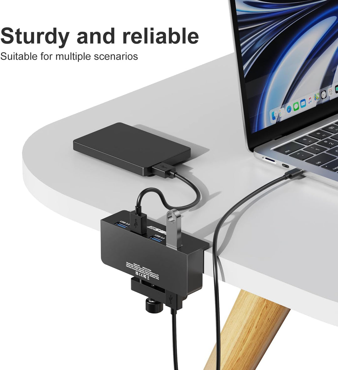 JESWO USB Hub, USB 3.0 Hub mit Clip, 4 Port USB Verteiler aus Aluminium, 5V Stromanschluss und 150cm