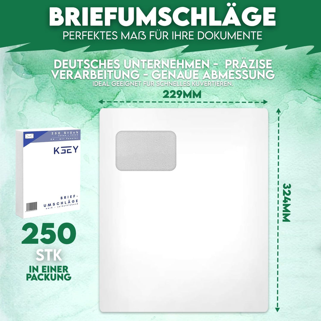250 Briefumschläge C4 90g/m² mit Fenster, 324x229mm weisse Versandtasche mit grauem Innendruck für S