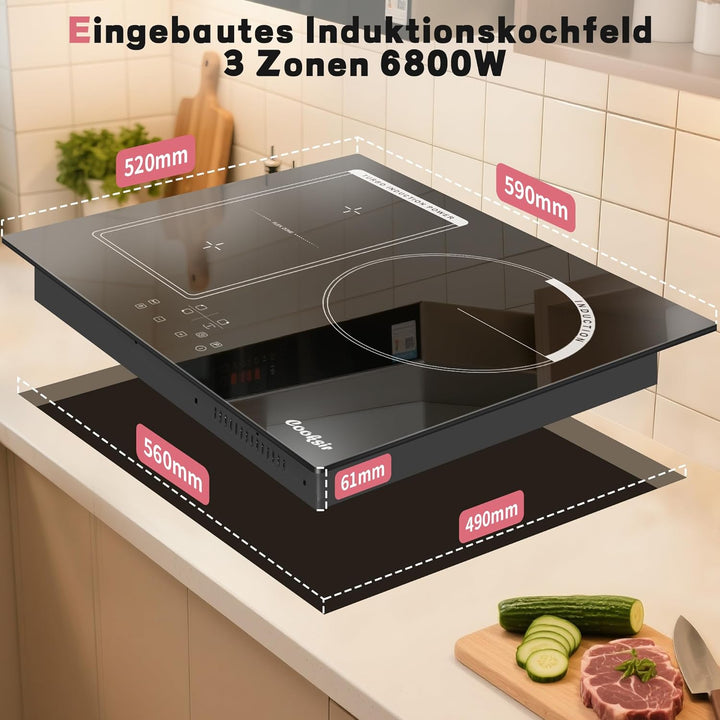 59cm Einbau Induktionskochfeld 3 Platten mit Rahmen, Cooksir Kochfeld Autark Flexzone, 6800W, FlexZo