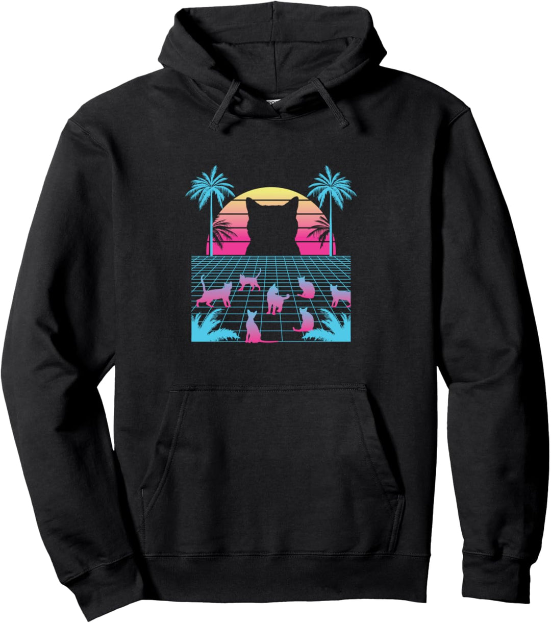 Vaporwave Katze mit Palmen und retro Sonne Pullover Hoodie