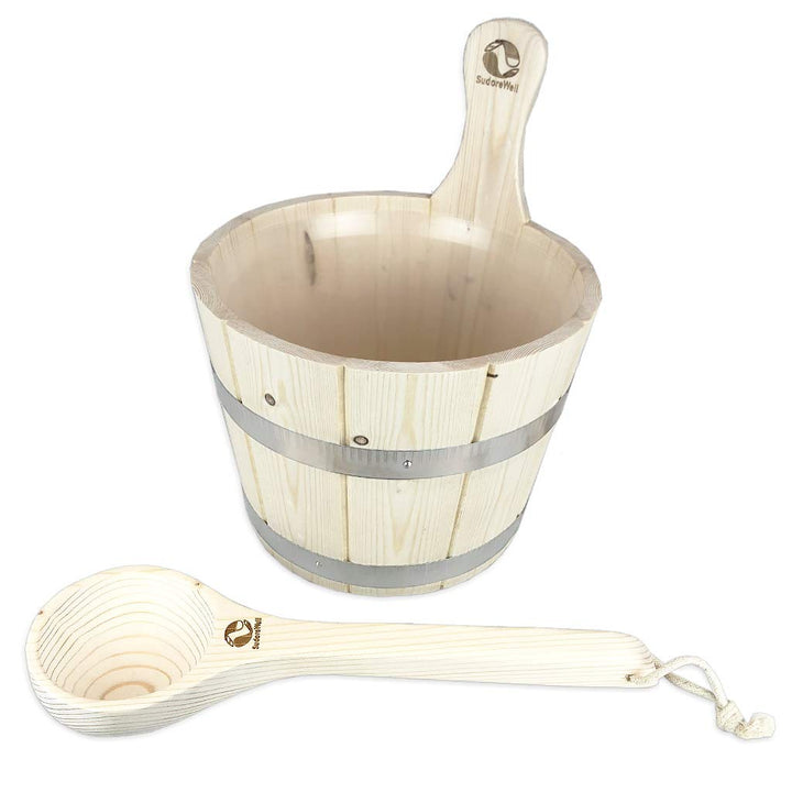 Saunakübel Set aus Nadelholz mit Saunakübel 5.0 l inkl. zwei Stahlbandreifen + Kunststoffeinsatz plu