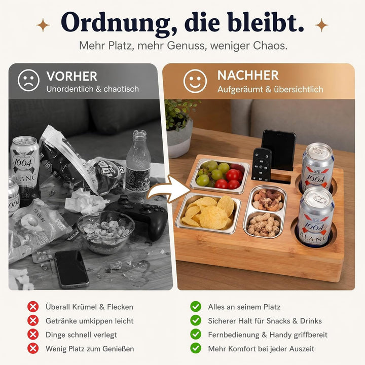 Couchbar Snackbox, Bambus Sofa Tablett mit 2 Getränkehaltern | 3 Snackschalen aus Edelstahl, Geschen