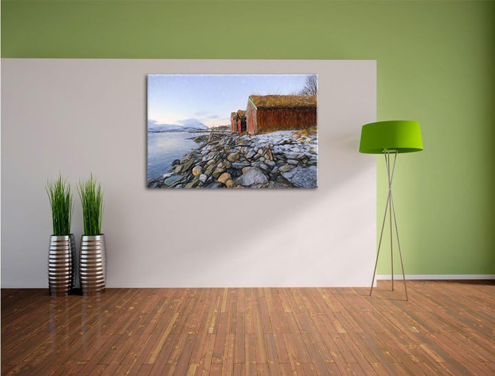 Pixxprint Küste der norwegischen See Tromso Kunst Buntstift Effekt, Format: 100x70 auf Leinwand, XXL