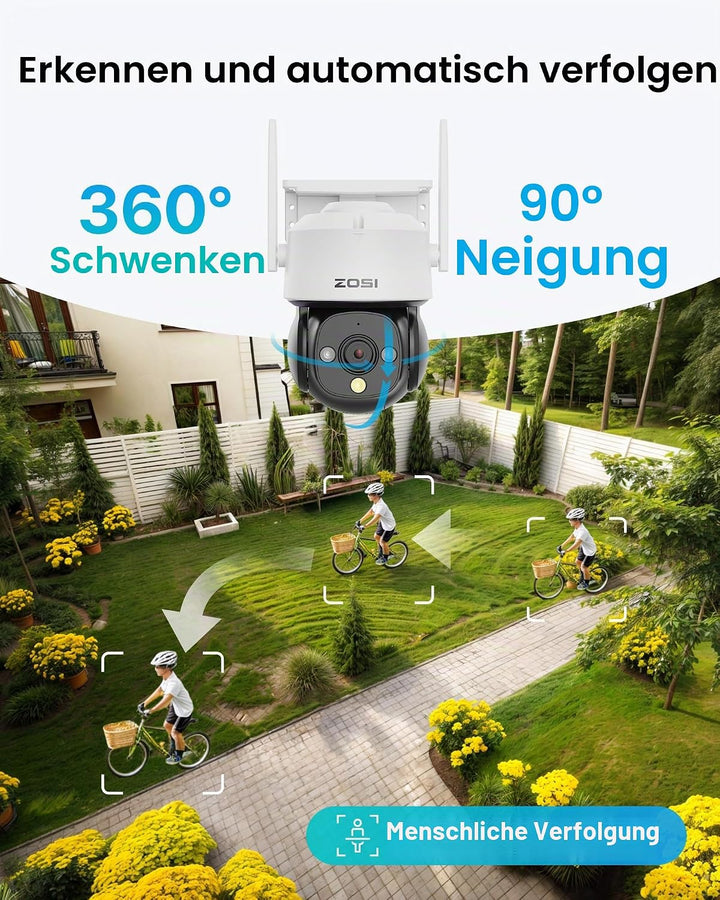 ZOSI 1080p WLAN Überwachungskamera Aussen mit Plug-in Strom, 360° Pan Tilt 2MP WLAN Domekamera, AI P