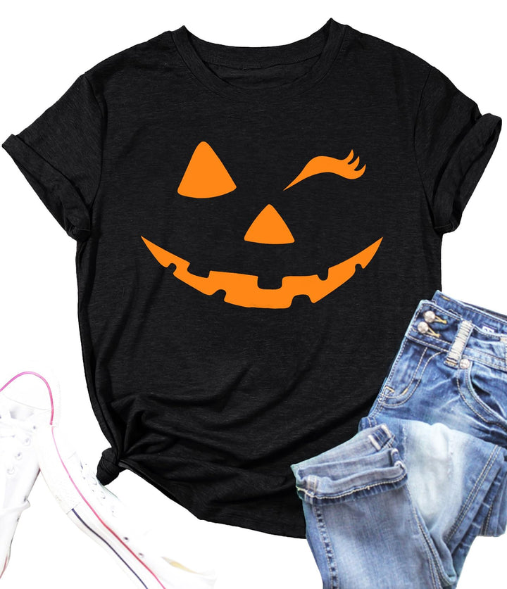 Damen Halloween KüRbisgesicht T-Shirt Frauen KüRbis Shirt Herbst Karneval Shirts M Schwarz, M Schwar