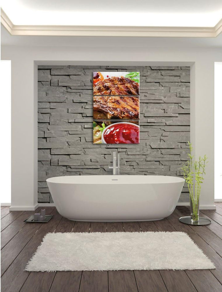 Pixxprint Gegrilltes Steak als Leinwandbild/Grösse: 3 Teilig (120x80) cm/Wandbild/Kunstdruck/fertig