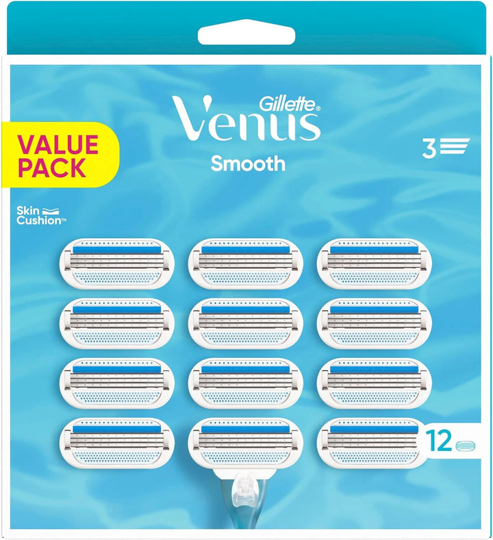 Gillette Venus Smooth Damenrasierer Ersatzklingen, Set von12, mit 3 sich der Körperkontur anpassende