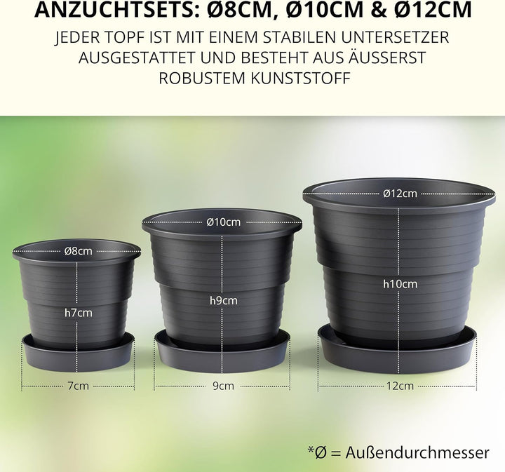 Anzuchttöpfe 12 cm Durchmesser 50 Stück mit Untersetzer 12 cm Farbe Anthrazit Kunststoff Pflanztopf