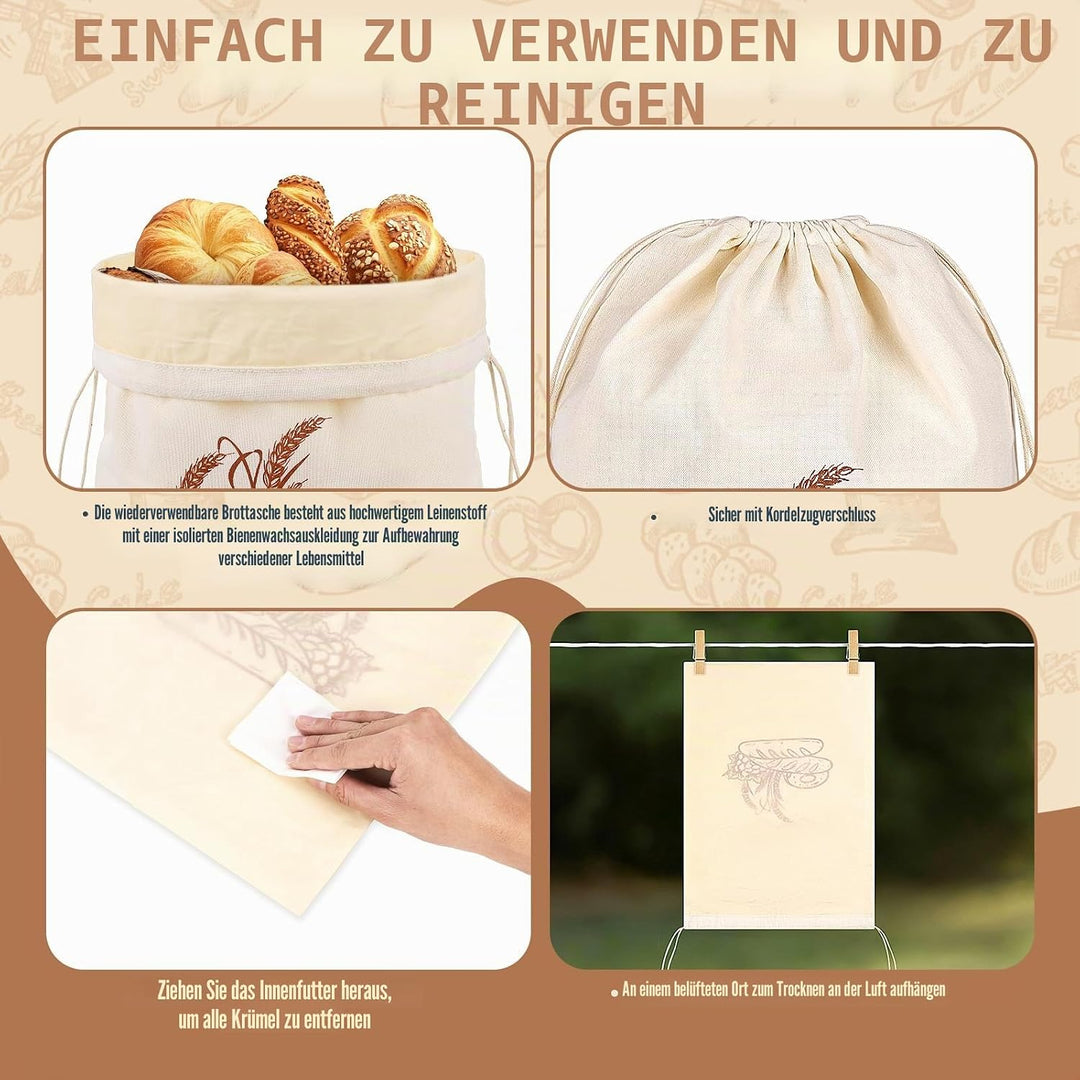 2 Stück 43 * 32,5cm Brotbeutel mit Bienenwachstuch Innenfutter Wiederverwendbare Brottüten Brot Obst