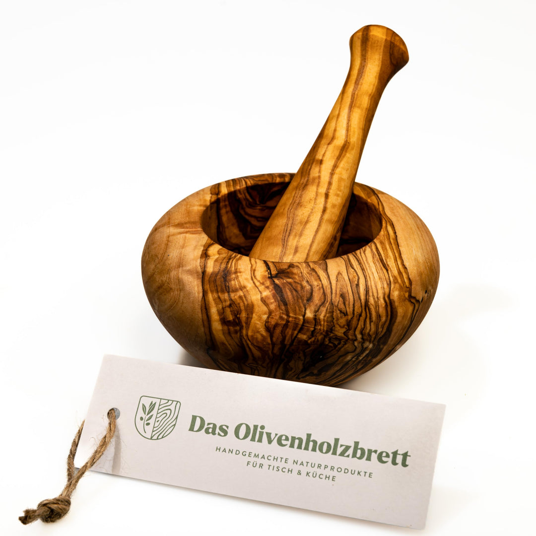 das Olivenholzbrett® Mörser und Stössel aus Olivenholz, Holzmörser rund ca.16cm, 16cm