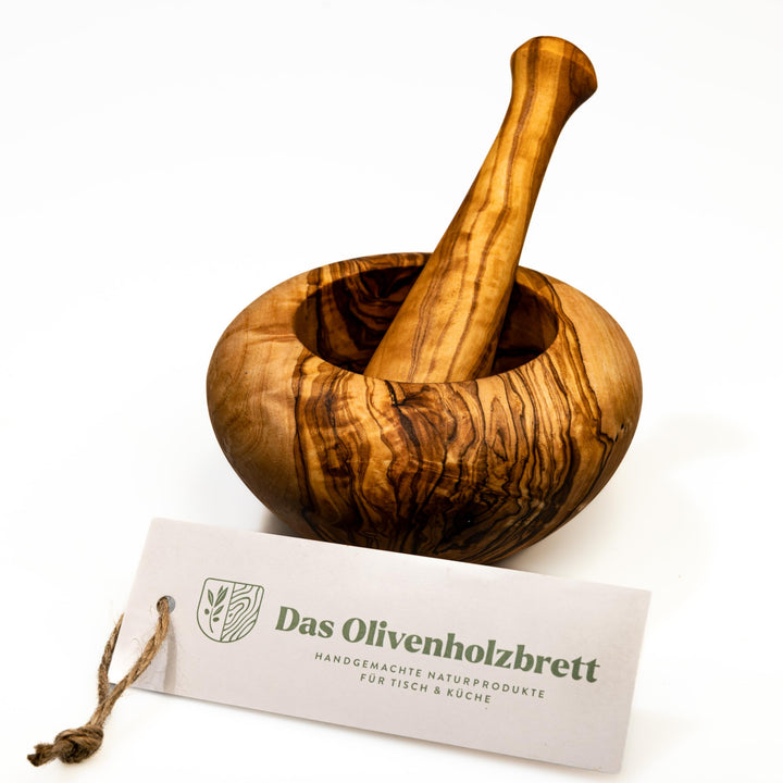 das Olivenholzbrett® Mörser und Stössel aus Olivenholz, Holzmörser rund ca.16cm, 16cm